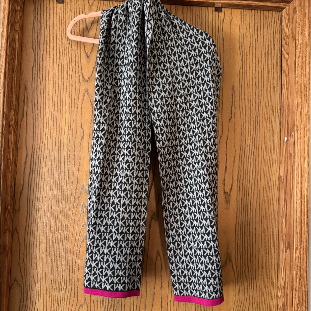 Michael Kors Black and White Logo Scarf with Pink Trim